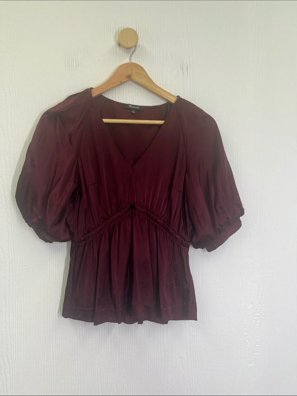Madewell - Shirred Puff Short Sleeve Burgundy Deep V Neck Blouse Size Small